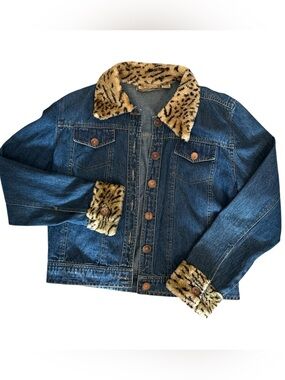 New Identity Blue Denim Jacket with Leopard-Print Faux Fur Trim